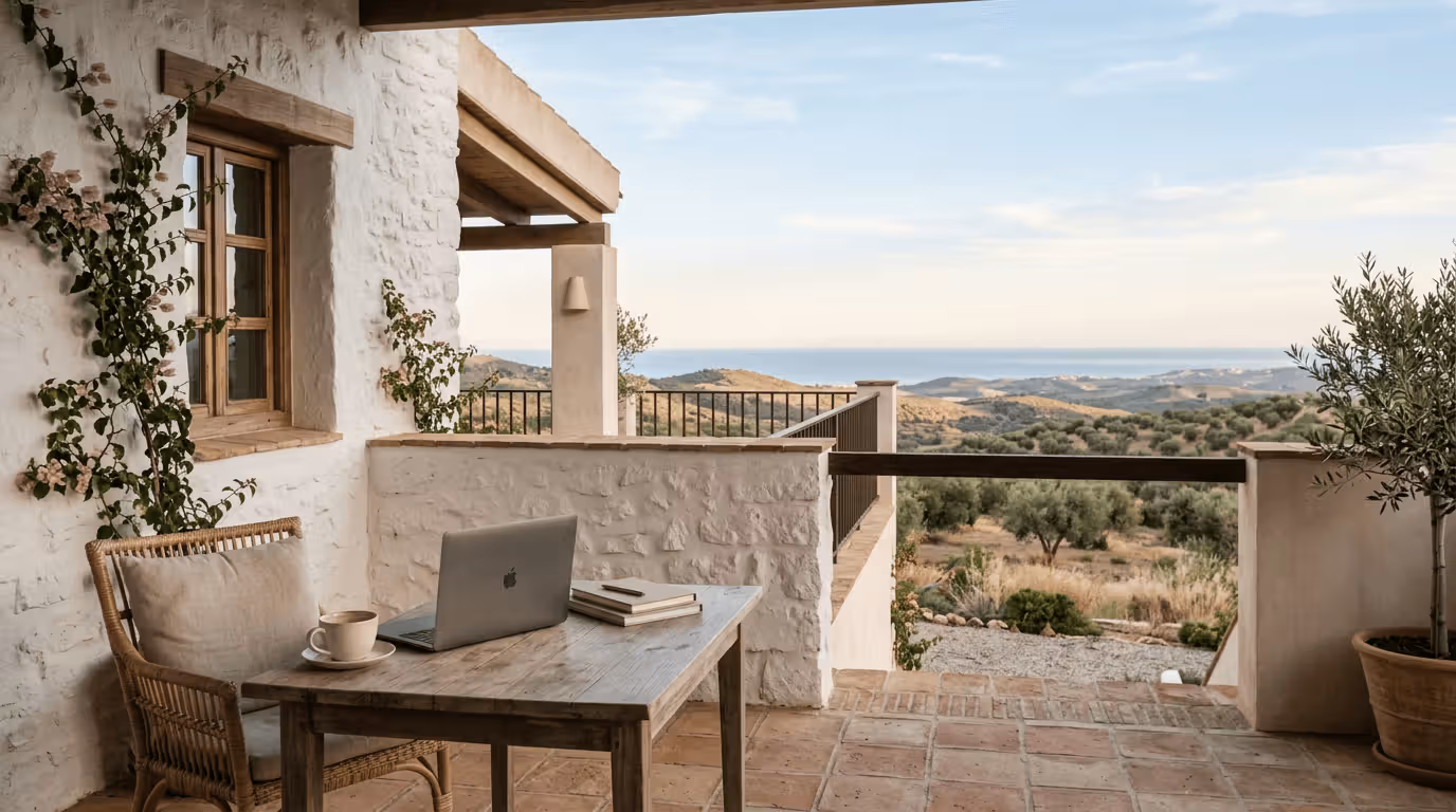 Calm morning terrace scene in Spain with soft natural light and a structured, minimal table vignette (coffee + closed laptop)