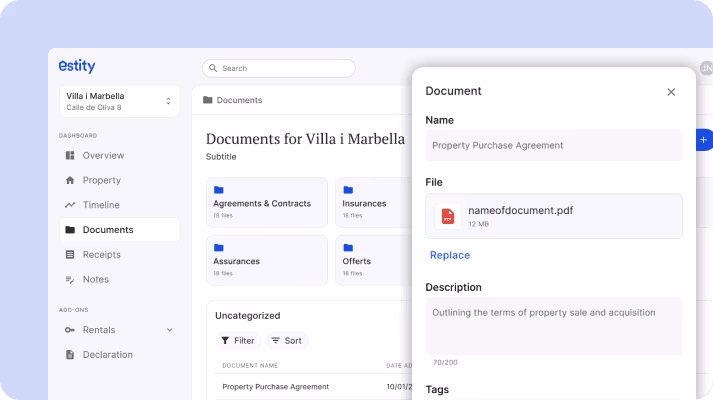 Estity document management interface showing a timeline of property documents